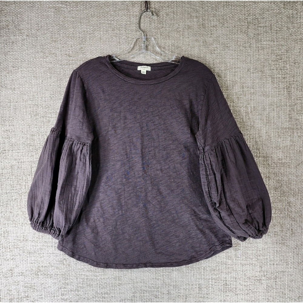 Dylan Slub Knit Tee Top Womens S Gray Cotton Gauze Balloon Sleeves Boho